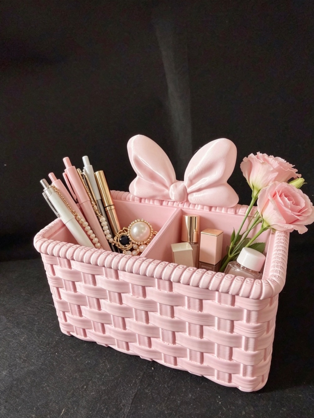 Pink Ribbon Basket Desk Organizer - Elegant Home Storage